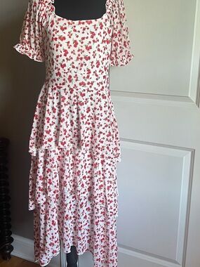 Women's White Maxi Dress with Red Floral Print